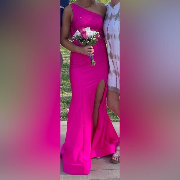 Hot Pink One Shoulder Open Back Sherri Hill Size 0 Prom Dress with Slit + bustle - Picture 14 of 16